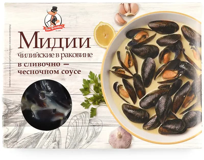 Мидии чилийские в раковине в сливочно-чесночном соусе в/м в/у Don Kreveton 0,5кг*12шт Россия