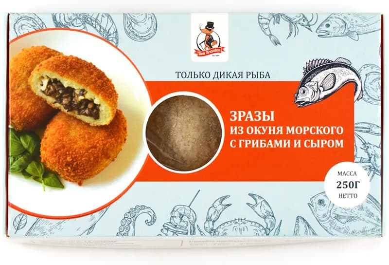Зразы из окуня с грибами и сыром в панировке с/м Don Kreveton 0,25кг*16шт Россия